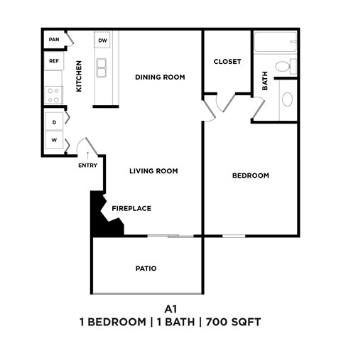 A 1 bedroom apartment with 1 bathroom and 700 square feet.